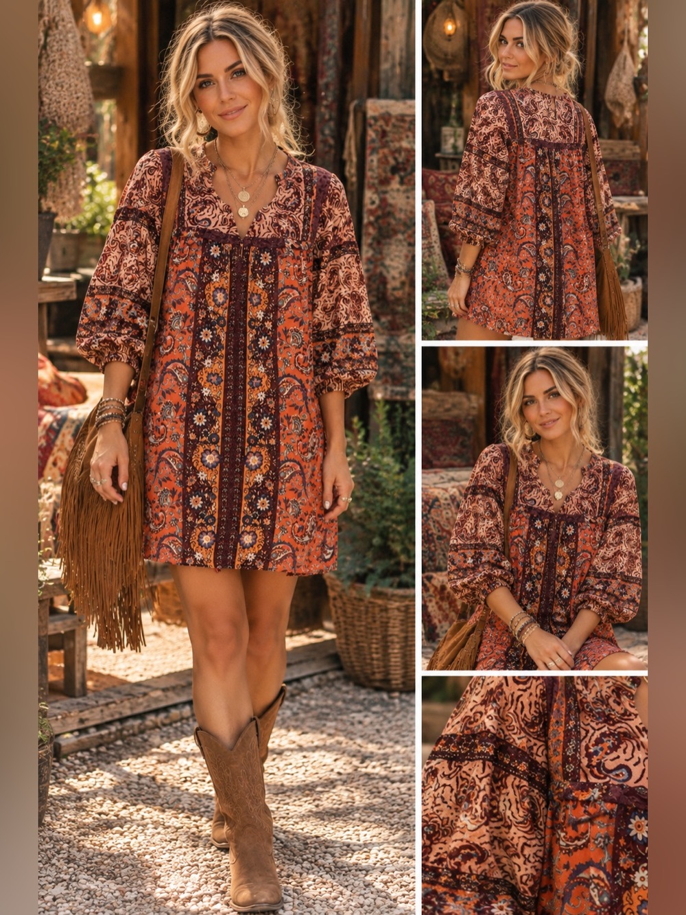 Angie Boho Paisley Floral Babydoll Tunic Dress Orange Brown Size Small